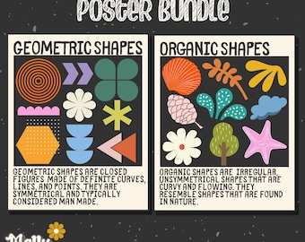 May include: Art classroom poster bundle featuring two posters. One poster displays colorful geometric shapes, the other shows organic shapes. The posters have text describing the shapes. The background is dark with a speckled texture.