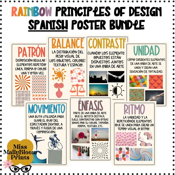 Spanish Classroom Poster Bundle, Rainbow Principles of Design, Spanish Class Posters,Art Teacher Bulletin Board,Teacher Printable,Elementary