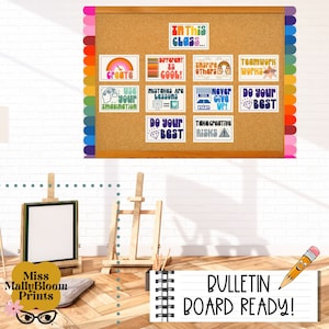 May include: A corkboard bulletin board with colorful borders and motivational posters with phrases like "Create", "Different is Cool", "Inspire Others", "Teamwork Works", "Use Your Imagination", "Mistakes are Lessons", "Never Give Up", "Do Your Best", "Do Your Best", "Take Creative Risks". The board is mounted on a white wall with a wooden easel and a pencil with a smiley face on it.
