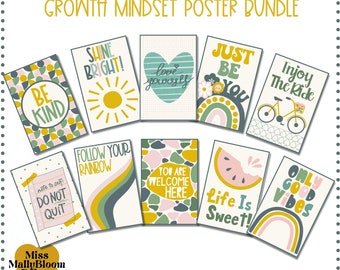Growth Mindset Poster Bundle, Classroom Quotes Decor, Bulletin Board Kit, Mindset Display, Positive Teacher Printable, Set for Elementary