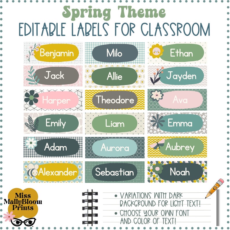 Peut inclure: Un ensemble de 16 &eacute;tiquettes de nom de classe modifiables sur le th&egrave;me du printemps. Les &eacute;tiquettes pr&eacute;sentent divers motifs floraux et g&eacute;om&eacute;triques dans des tons de vert, bleu, jaune, rose et gris. Chaque &eacute;tiquette a un espace pour un nom, comme "Benjamin", "Milo", "Ethan", "Jack", "Allie", "Jayden", "Harper", "Theodore", "Ava", "Emily", "Liam", "Emma", "Adam", "Aurora", "Aubrey", "Alexander", "Sebastian", et "Noah". Les &eacute;tiquettes sont con&ccedil;ues pour &ecirc;tre personnalis&eacute;es avec diff&eacute;rentes polices et couleurs.