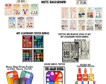 Elementos de arte para la decoración del aula, pósteres sobre principios de diseño, tablón de anuncios para profesores de arte, pósteres sobre teoría del color