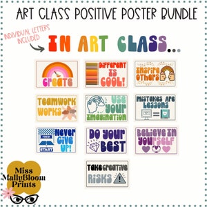 May include: A set of 10 colorful printable posters with positive messages for an art classroom. The posters feature rainbows, paintbrushes, and other art-related imagery. The messages include "Create", "Different is Cool", "Inspire Others", "Teamwork Works", "Use Your Imagination", "Mistakes Are Lessons", "Never Give Up", "Do Your Best", "Believe in Yourself", and "Take Creative Risks".