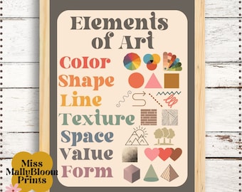 May include: A beige poster with the title "Elements of Art" in brown text. The poster lists the elements of art: color, shape, line, texture, space, value, and form. Each element is illustrated with a simple graphic.