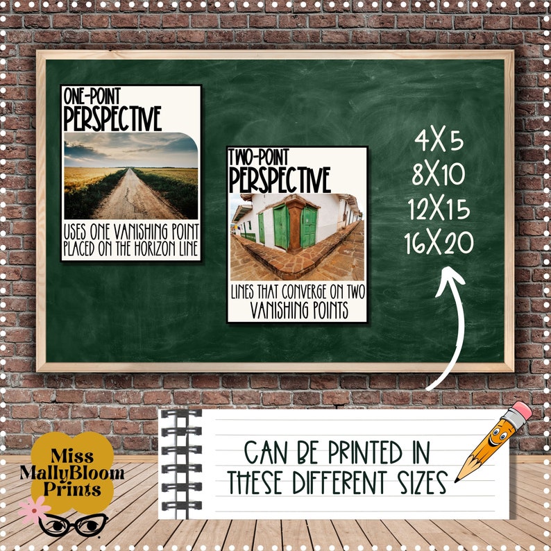 May include: A chalkboard with two illustrations explaining one-point and two-point perspective. The illustrations show a road and a street scene. The chalkboard also lists different sizes the illustrations can be printed in: 4x5, 8x10, 12x15, and 16x20.