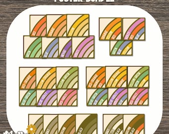 May include: A set of 12 printable posters featuring retro-style color mixing charts. Each chart shows a color gradient with the names of the colors blended together, such as red-orange, blue-violet, and yellow-green.
