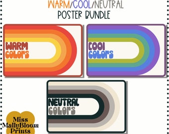 Op de afbeelding: Drie printbare posters met regenboogbogen en de tekst "Warme kleuren", "Koele kleuren" en "Neutrale kleuren". De posters maken deel uit van een kleurwielposterpakket.
