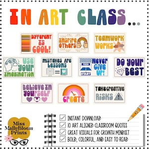 May include: A set of 10 colorful printable classroom posters with positive messages for art class. The posters feature rainbow colors, hearts, stars, and other fun designs. The text on the posters includes phrases like "Use your imagination", "Believe in yourself", "Create", and "Do your best".