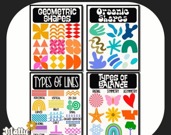 Op de afbeelding: Vier kleurrijke educatieve posters voor een kunstklaslokaal. De posters zijn getiteld "Geometrische vormen", "Organische vormen", "Soorten lijnen" en "Soorten evenwicht". Elke poster toont verschillende vormen, lijnen en voorbeelden van evenwicht.