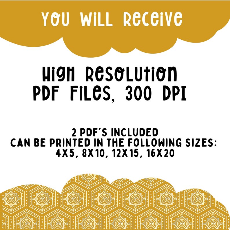 May include: A digital download of two high-resolution PDF files, each with a different size printable design. The text on the image reads "YOU WILL Receive High resolution PDF Files, 300 DPI 2 PDF'S INCLUDED CAN BE PRINTED IN THE FOLLOWING SIZES: 4X5, 8X10, 12X15, 16X20".