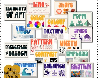 May include: A set of 14 colorful posters with text and illustrations related to the elements and principles of art. The posters feature terms like "Line", "Shape", "Form", "Color", "Texture", "Space", "Pattern", "Unity", "Contrast", "Emphasis", "Movement", "Balance", "Rhythm", and "Principles of Design".
