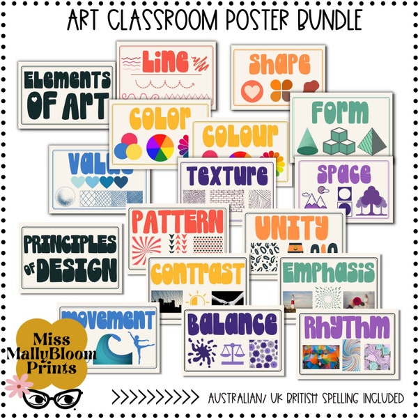 Rainbow Elements of Art Classroom Decor Bundle,Principles of Design Posters,Art Teacher Bulletin Board,Teacher Printable, Set for Elementary