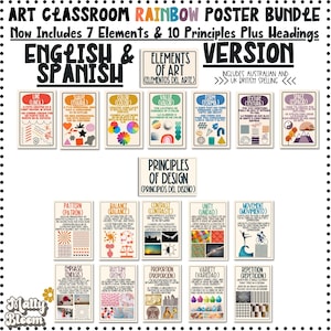 Spanish Bilingual Classroom Poster Bundle, Rainbow Elements of Art, Spanish Class Posters, Art Teacher Bulletin Board, Elementary Art
