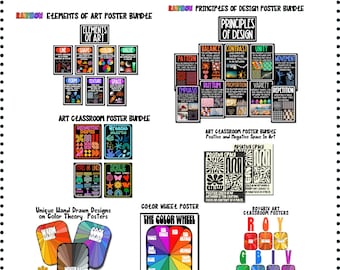 Paquete de decoración del aula de elementos de arte, carteles de principios de diseño, tablón de anuncios de profesores de arte, carteles de arte de teoría del color