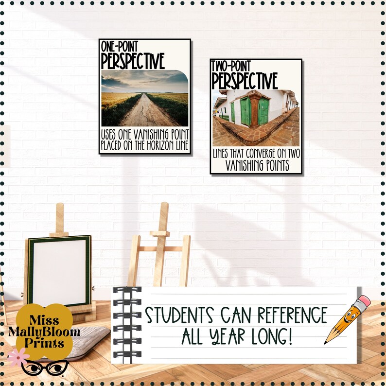 May include: Two posters on a white brick wall, one titled "One-Point Perspective" and the other titled "Two-Point Perspective". Both posters feature images and text explaining the concepts of one-point and two-point perspective in art. The posters are on a white brick wall with a wooden easel and a white frame in front of them. A notebook with the text "Students can reference all year long!" is on a wooden floor.
