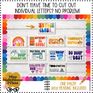 May include: A set of 10 colorful classroom posters with motivational quotes. The posters feature a rainbow, a laptop, a diamond, a hand, and other illustrations. The posters are 8x12 inches and include a heading.