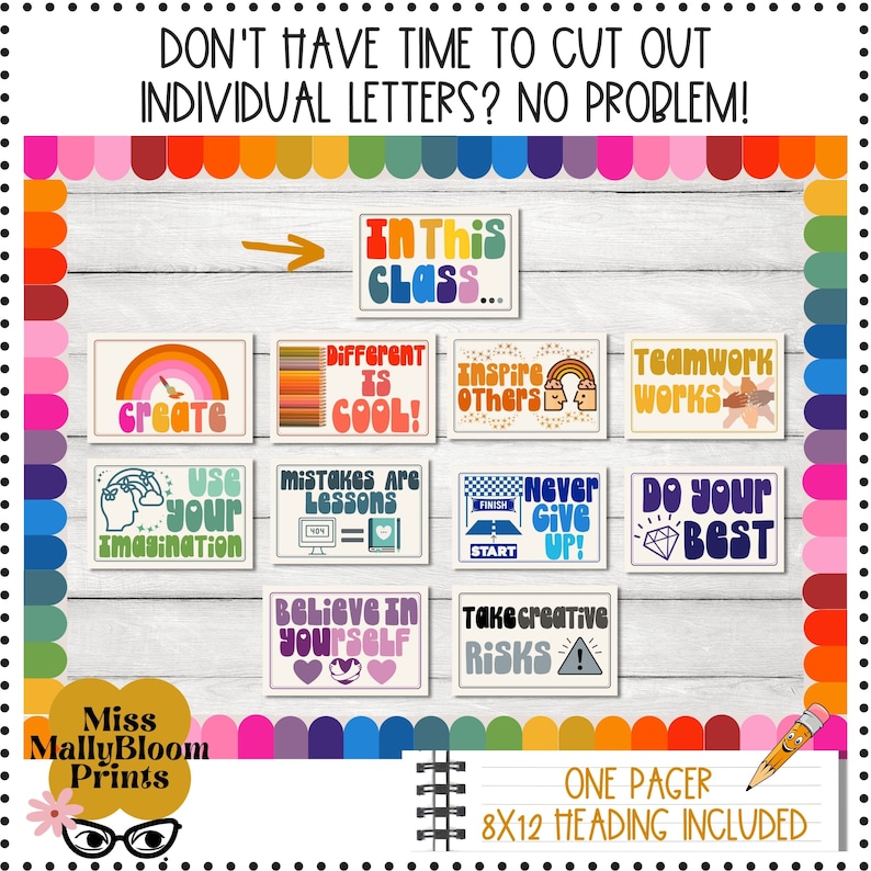 May include: A set of 10 colorful classroom posters with motivational quotes. The posters feature a rainbow, a laptop, a diamond, a hand, and other illustrations. The posters are 8x12 inches and include a heading.