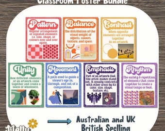 May include: A set of 8 colorful classroom posters with a rainbow design. Each poster features a different principle of design, such as pattern, balance, contrast, unity, movement, emphasis, and rhythm. The posters include text descriptions and visual examples of each principle. The posters are designed for use in an Australian or UK classroom.