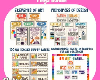 Rainbow Elements of Art Classroom Decor Bundle,Principles of Design Posters,Art Teacher Bulletin Board, Art Teacher Printable Supply Labels