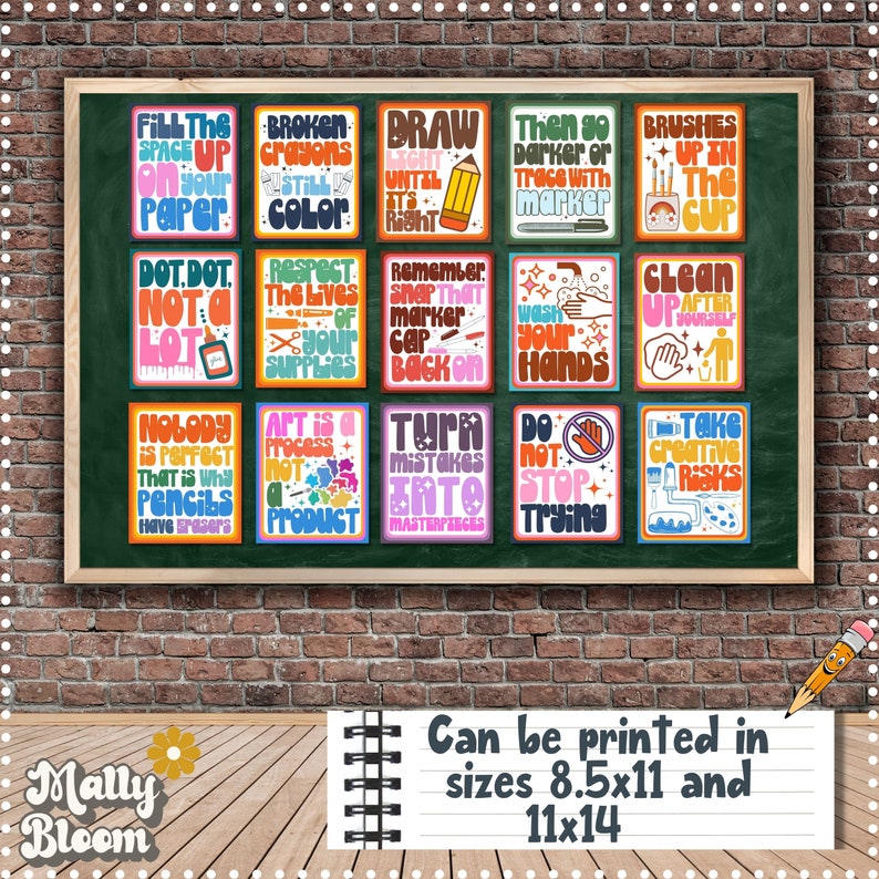 May include: A set of 12 colorful printable posters with motivational messages for art students. The posters feature bright colors, bold fonts, and fun illustrations. The posters are designed to inspire creativity and encourage students to take risks and turn mistakes into masterpieces. The posters are available in two sizes: 8.5x11 inches and 11x14 inches.