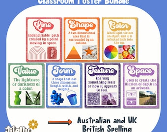 May include: Rainbow-colored classroom posters with the elements of art: line, shape, color, value, form, texture, and space. Each poster has a definition and an illustration. The posters are designed for Australian and UK spelling.