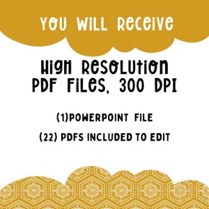 Peut inclure: Un graphique de texte blanc sur un fond jaune avec une forme de nuage. Le texte indique "You will receive High resolution PDF Files, 300 DPI (1)POWERPOINT FILE (22) PDFS INCLUDED TO EDIT".