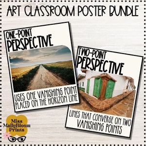 May include: Two posters with black text on a white background. The poster on the left shows a road disappearing into the distance and the text "ONE-POINT PERSPECTIVE" and "USES ONE VANISHING POINT PLACED ON THE HORIZON LINE". The poster on the right shows a building with a green door and the text "TWO-POINT PERSPECTIVE" and "LINES THAT CONVERGE ON TWO VANISHING POINTS".