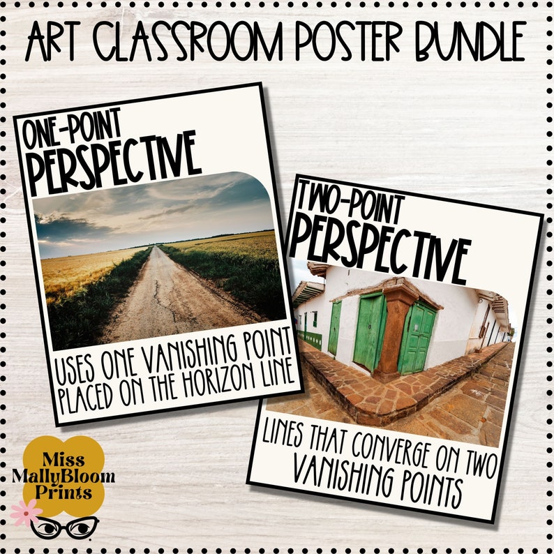 May include: Two posters with black text on a white background. The poster on the left shows a road disappearing into the distance and the text "ONE-POINT PERSPECTIVE" and "USES ONE VANISHING POINT PLACED ON THE HORIZON LINE". The poster on the right shows a building with a green door and the text "TWO-POINT PERSPECTIVE" and "LINES THAT CONVERGE ON TWO VANISHING POINTS".