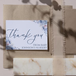 Tarjeta de agradecimiento floral de primavera para guardería, plantilla Canva, editable, imprimible digitalmente, nota de agradecimiento para baby shower en el jardín, descarga instantánea