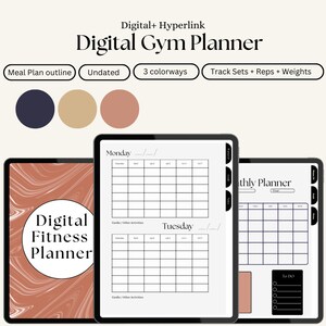 May include: Digital fitness planner with a marble-like background. The planner includes a weekly workout log, a monthly calendar, and a to-do list. The planner is available in three colorways.