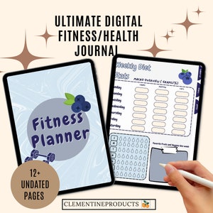 Może przedstawiać: Cyfrowy planer z niebieskim marmurowym tłem i grafiką niebieskich i białych jagód. Planer zawiera tekst "Fitness Planner" i "12+ nie datowanych stron". Planer zawiera również sekcję dotyczącą tygodniowych statystyk diety, w tym przegląd makroelementów z kolumnami dla węglowodanów, białka i tłuszczów. Istnieje również sekcja do śledzenia ulubionych owoców i warzyw.