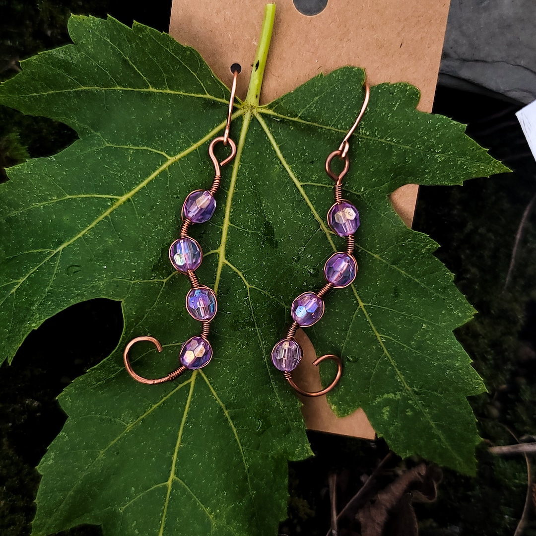 Copper Wire Earrings With Purple Beads / Copper Tentacle Earrings / Nickel Free / Handmade Etsy