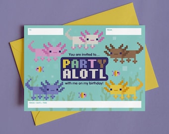 Invitación imprimible para fiesta de cumpleaños con temática de ajolote. Descarga digital instantánea. Fiesta ecológica. Feliz cumpleaños. Pixel Gamer.