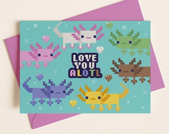 Tarjeta de San Valentín de Axolotl Pixel Gamer: Te quiero mucho (Axolotl) para él o ella. Tarjeta imprimible para niños. Descarga digital. Kawaii Gaming. Te quiero.