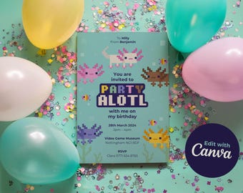 Invitación de cumpleaños de ajolote, plantilla editable de Canva, invitación para fiesta infantil, descarga instantánea, tema de animales adorables.