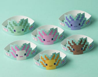 Corona de fiesta de cumpleaños de ajolote, diadema imprimible, máscara, accesorio de disfraz para niños, linda salamandra, temática, descarga digital, sombrero de fiesta, decoración