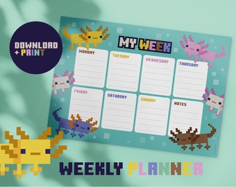 Planificador diario semanal de Minecraft para niños con ajolotes / Descarga digital instantánea en PDF / Imprimible / Planificador de tareas