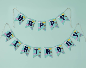 Guirnalda imprimible de cumpleaños con temática de videojuegos de videojuegos infantiles, ideal para fiestas infantiles.