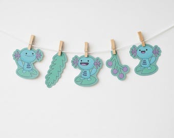 Banner de cumpleaños de monstruo de bolsillo Axolotl tipo agua, decoración de fiesta imprimible, temática de videojuego para niños, guirnalda de cumpleaños para niños, banderines