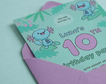 Invitación para fiesta de cumpleaños de Axolotl, monstruo de bolsillo tipo agua, invitación para fiesta de gamer, plantilla editable, imprimible y descarga digital.