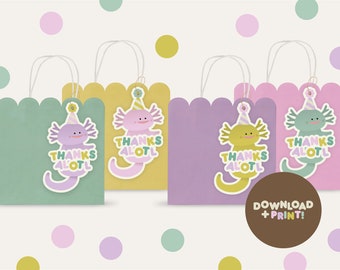 Etiquetas imprimibles para bolsas de fiesta con diseño de ajolote, ideales para fiestas infantiles de cumpleaños. Descarga digital. Artículos para fiestas temáticas de videojuegos.