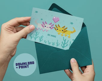 Tarjeta de San Valentín de Axolotl / Sé mío / Para él o ella / Para niños / Tarjeta imprimible / Descarga digital / Kawaii / Pixel / Juegos / Amor