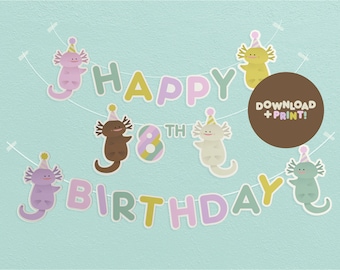 Guirnalda imprimible de cumpleaños con temática de ajolote, decoración para fiestas infantiles, temática de videojuegos, guirnalda de banderines para cumpleaños infantiles