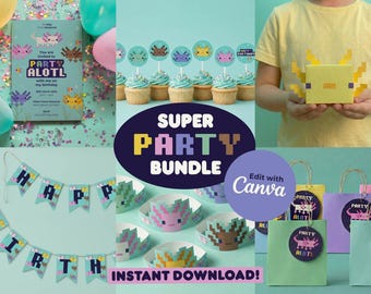 Paquete súper completo de fiesta de cumpleaños de ajolotes, editable en Canva, set de fiesta infantil, decoraciones Pixel Gamer, descarga instantánea.