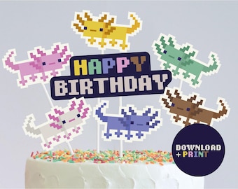 Adornos para cupcakes con temática de ajolote, Pixel Mine Blox, decoración imprimible para fiestas de videojuegos, descarga digital, suministros ecológicos para hornear en fiestas infantiles.