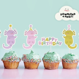 Axolotl Verjaardagsbeker Taarttoppers Kinderfeest Afdrukbare Leuke Salamander Thema Digitale Decoratie Instant Download Bakbenodigdheden