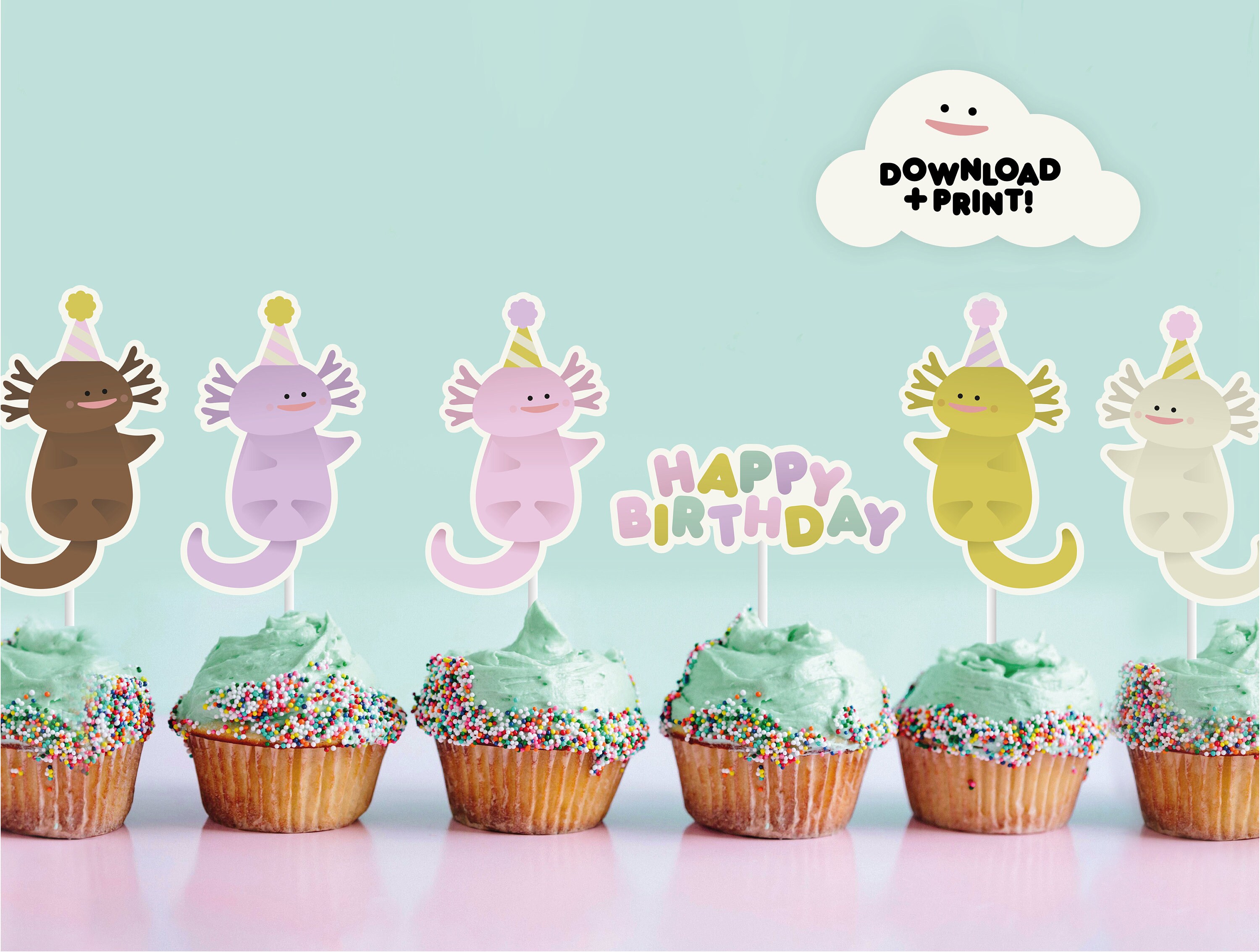 Sursurprise Axolotl Cupcake-Topper Set – 36 Stück, Bunte Cartoon-Salamander Auf Stäbchen, Für Geburtstag, Babyparty & Tier-Mottopartys