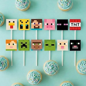 Mine Blox Jeu Thème Cupcake Toppers Pixel Gamer Party Decor Imprimable Téléchargement Numérique DIY Respectueux De L'environnement Fête Des Enfants Fournitures De Cuisson Carré