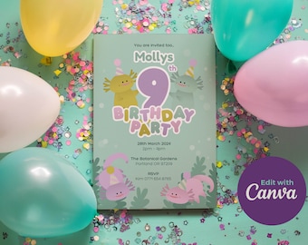 Fiesta de amigos con temática de ajolote / Invitación de cumpleaños imprimible y editable / Descarga digital / Instantánea / Fiesta ecológica / Feliz cumpleaños