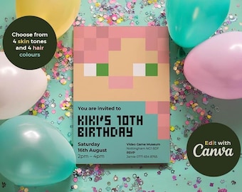 Invitación de cumpleaños temática de bloques de píxeles para chicas gamers. Invitación para fiesta de videojuegos Pixel Mine. Plantilla editable para imprimir en Canva. Descarga digital editable.